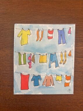 Colorful Clothesline Watercolor Art Print - Whimsical Laundry Scene